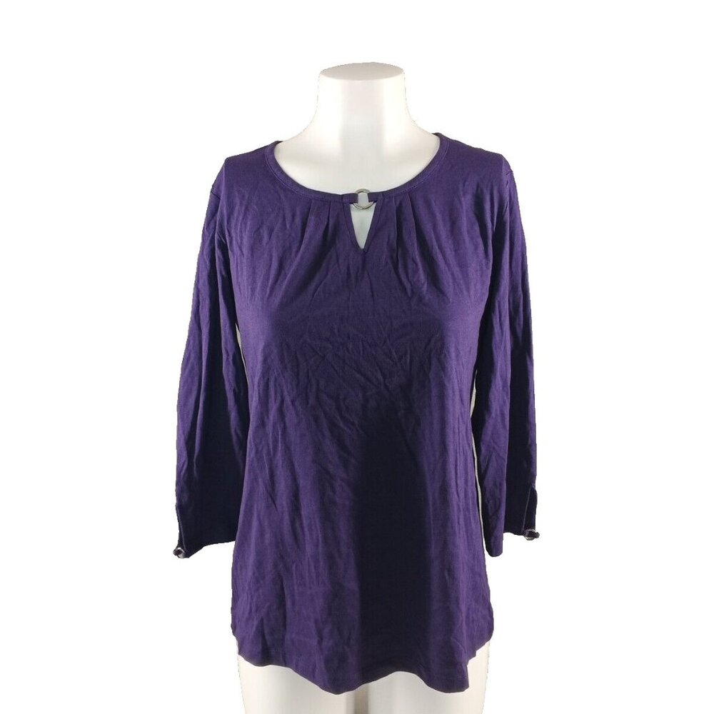 NWT KAREN SCOTT Women Top Small(4-6) Purple Cotton Blend Pullover 3/4 Sleeve